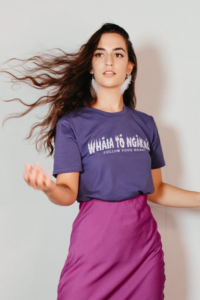 Whāia tō Ngākau, Flame Font T-Shirt - Purple with Lilic Print