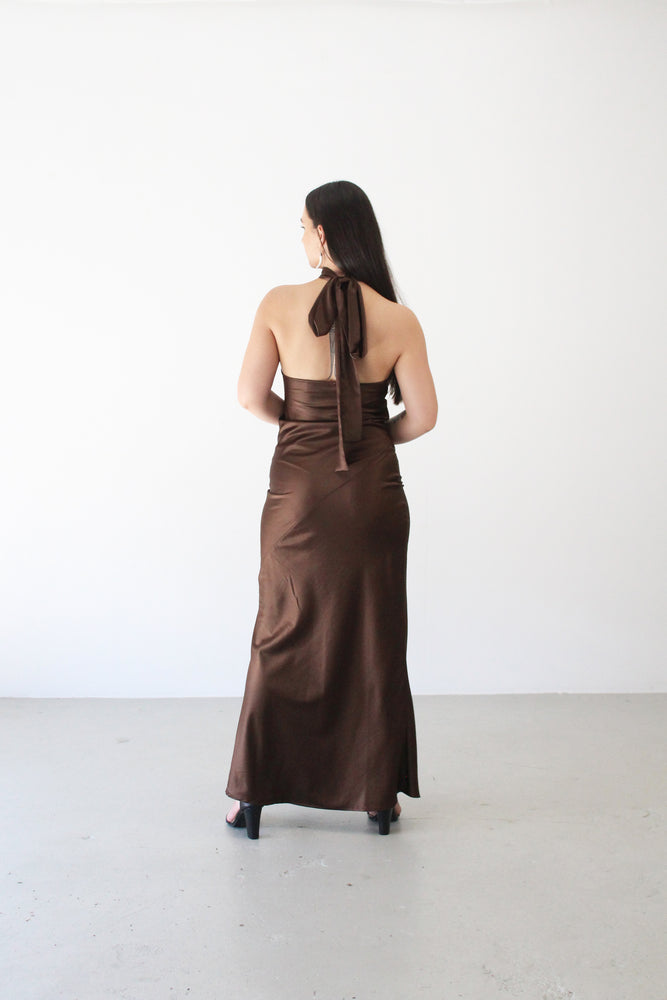 Tātai Halterneck Dress in Chocolate
