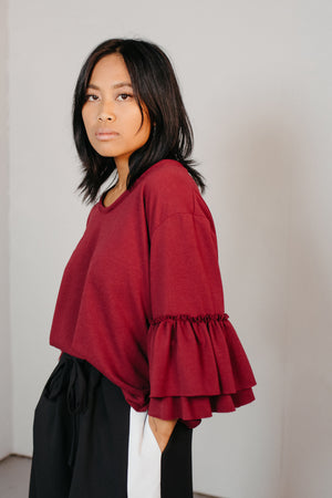 
            
                Load image into Gallery viewer, Putiputi - Frill Sleeve T-Shirt in Berry
            
        