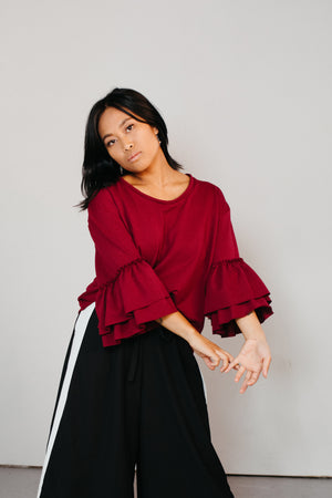 Putiputi - Frill Sleeve T-Shirt in Berry