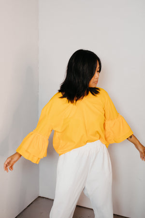 
            
                Load image into Gallery viewer, Putiputi - Frill Sleeve T-Shirt in Sunshine Yellow
            
        