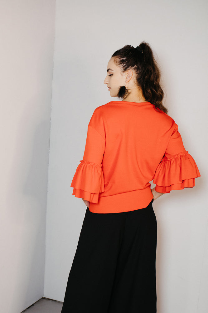 Putiputi - Frill Sleeve T-Shirt in Blood Orange