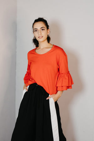 Putiputi - Frill Sleeve T-Shirt in Blood Orange