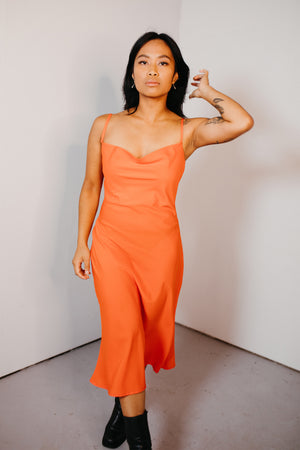 
            
                Load image into Gallery viewer, Uma – Mini Cowl Neck Slip Dress in Tangerine
            
        