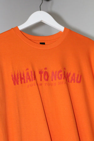 Whāia tō Ngākau, Flame Font T-Shirt - Orange with Scarlet Print